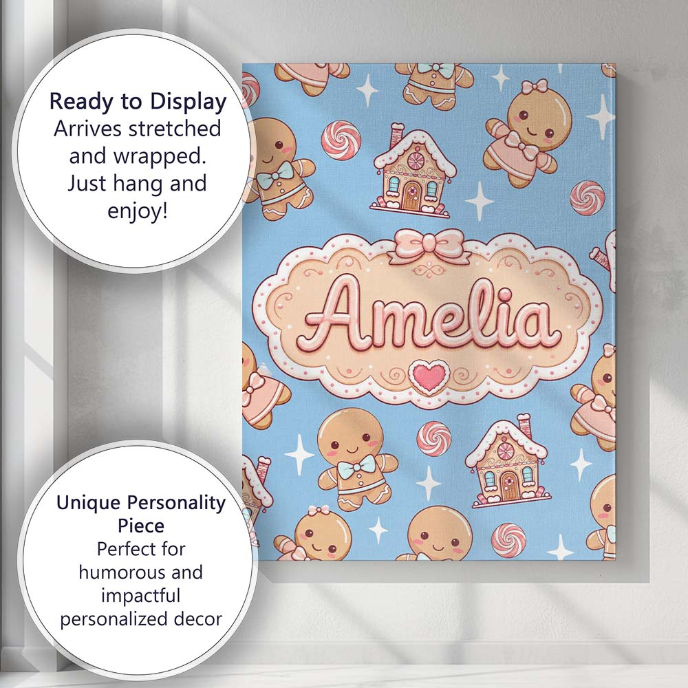 Personalised Name Cute Gingerbread Cookies Custom Unique Gift Idea Elegant Feature Canvas Wall Art Print Decor Picture Ready to Hang