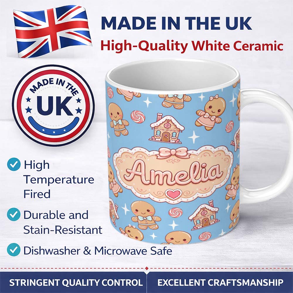 Personalized Custom Name Cute Gingerbread Cookies Candy House Sweets Blue Background 11oz Ceramic Coffee Tea Mug White Large Handle