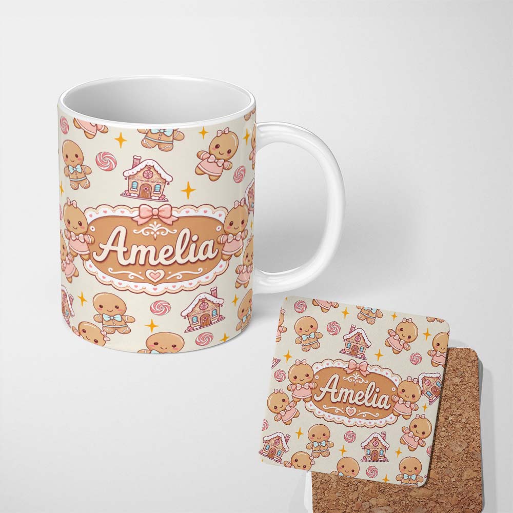 Personalized Custom Name Cute Gingerbread Cookies Candy House Sweets Cream Background 11oz Ceramic Coffee Tea Mug White Large Handle