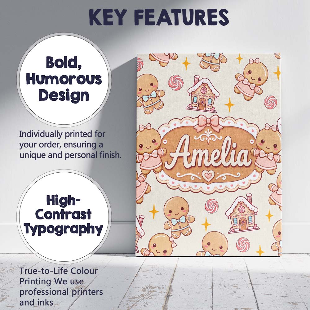 Personalised Name Cute Gingerbread Cookies Custom Unique Gift Idea Elegant Feature Canvas Wall Art Print Decor Picture Ready to Hang
