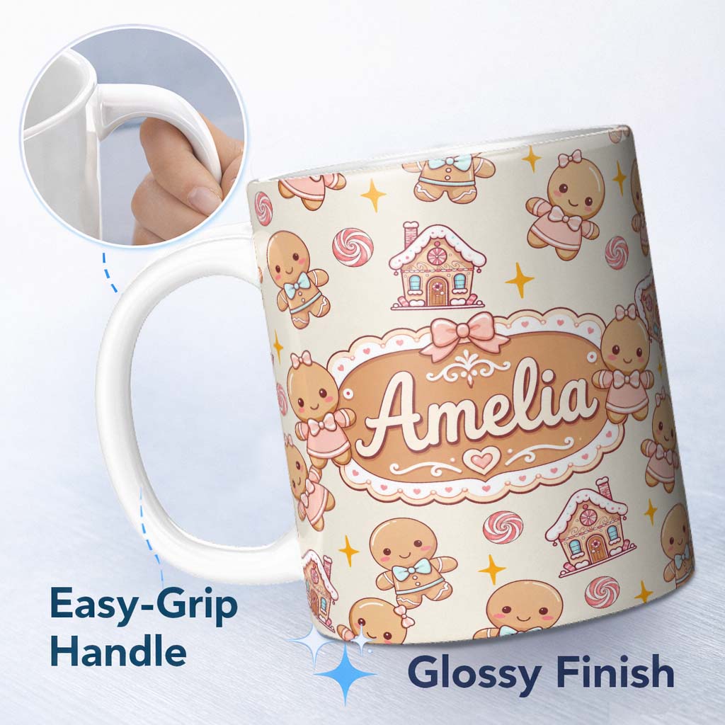 Personalized Custom Name Cute Gingerbread Cookies Candy House Sweets Cream Background 11oz Ceramic Coffee Tea Mug White Large Handle