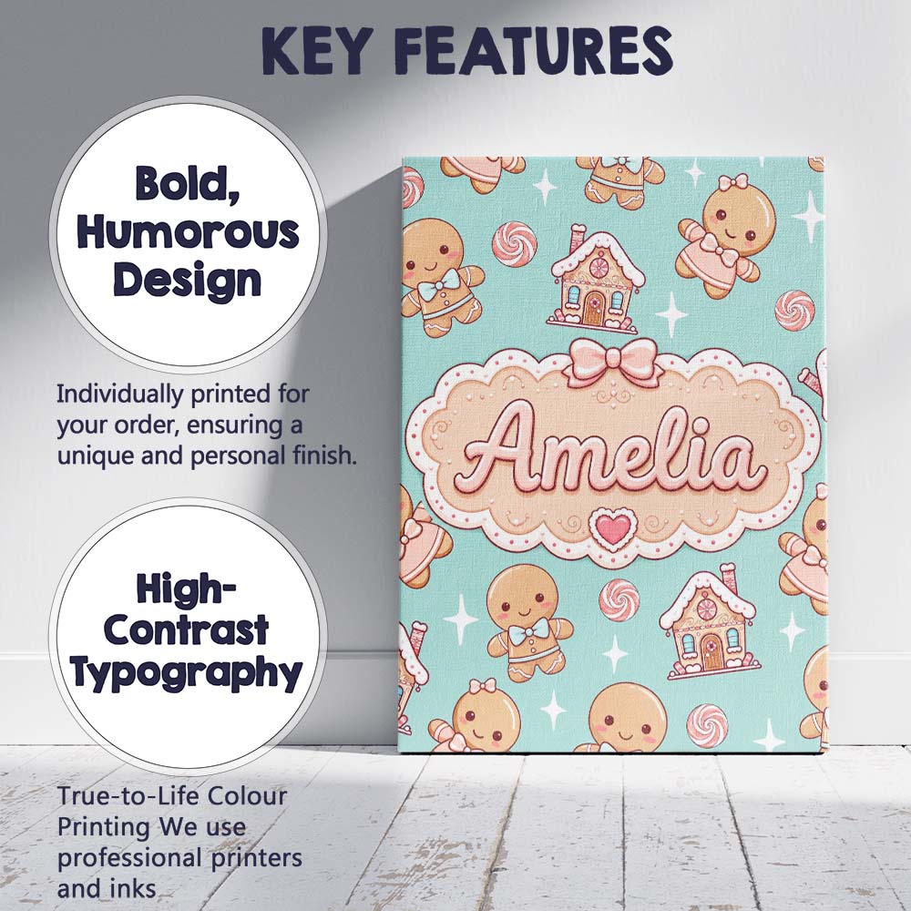 Personalised Name Cute Gingerbread Cookies Custom Unique Gift Idea Elegant Feature Canvas Wall Art Print Decor Picture Ready to Hang