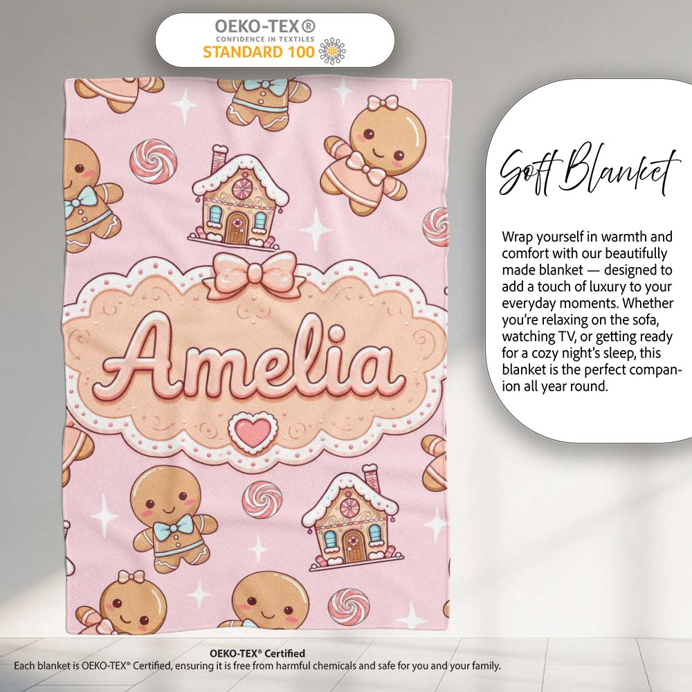 Gingerbread Cookies Candy House Sweets Blush Pink Background Personalised Custom Name Super Soft Fleece Blanket Bed Sofa Throw