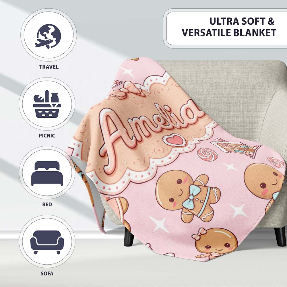 Gingerbread Cookies Candy House Sweets Blush Pink Background Personalised Custom Name Super Soft Fleece Blanket Bed Sofa Throw