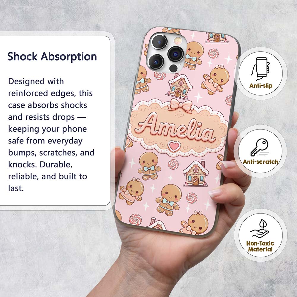 Gingerbread Cookies Candy House Sweets Blush Pink Custom Name Protective Phone Case Mobile Cover Durable Everyday Smartphone Shock Resistant