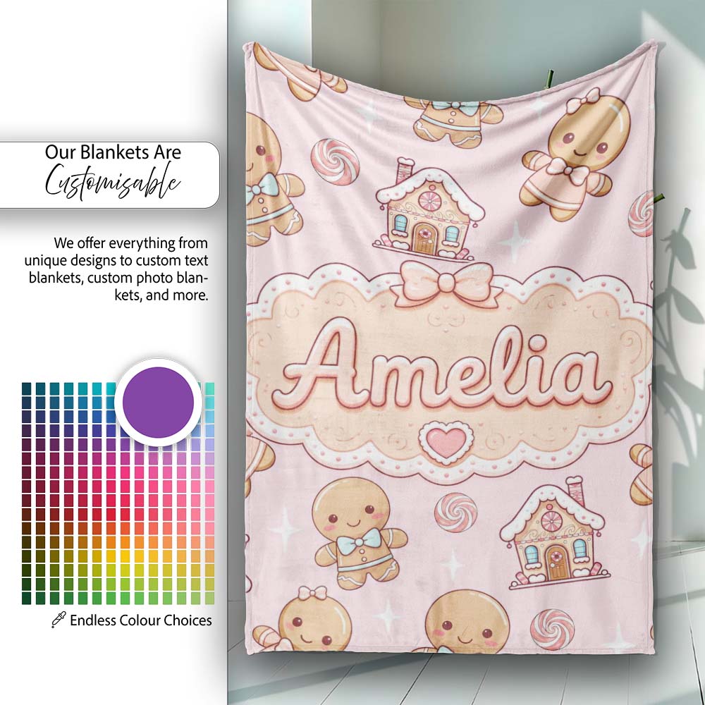 Gingerbread Cookies Candy House Sweets Blush Pink Background Personalised Custom Name Super Soft Fleece Blanket Bed Sofa Throw