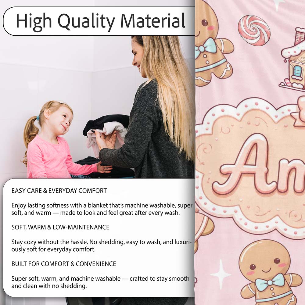 Gingerbread Cookies Candy House Sweets Blush Pink Background Personalised Custom Name Super Soft Fleece Blanket Bed Sofa Throw