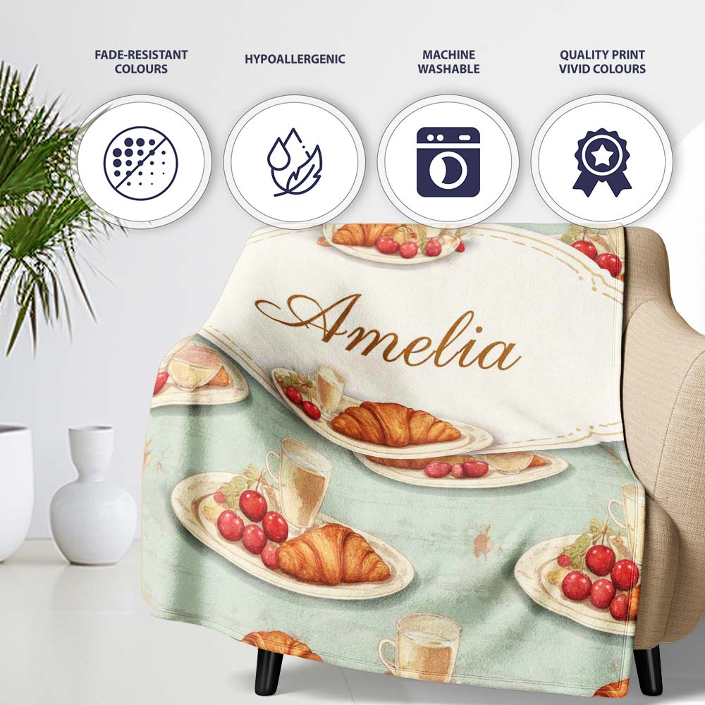 Croissant with Strawberries Soft Blue Dessert Seamless Pattern Personalised Custom Name Super Soft Fleece Blanket Bed Sofa Throw
