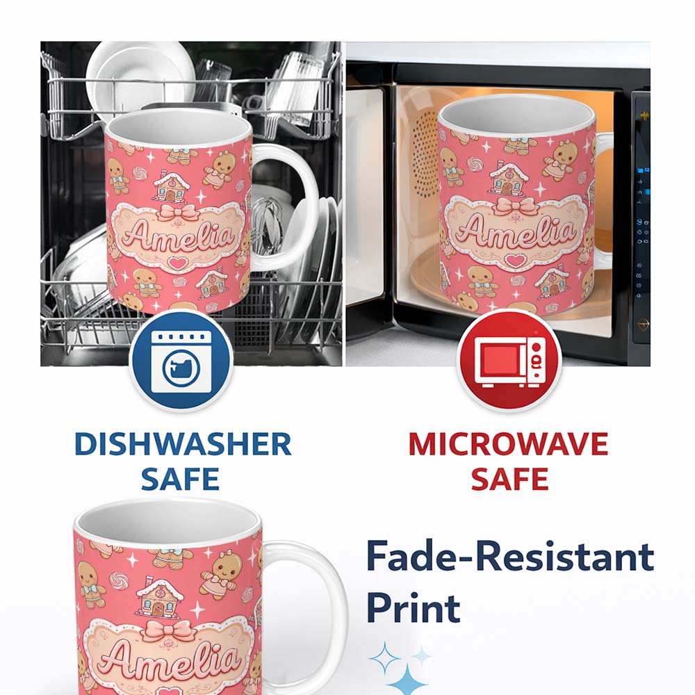 Personalized Custom Name Cute Gingerbread Cookies Candy House Sweets Red Background Seamless 11oz Ceramic Coffee Tea Mug White Large Handle