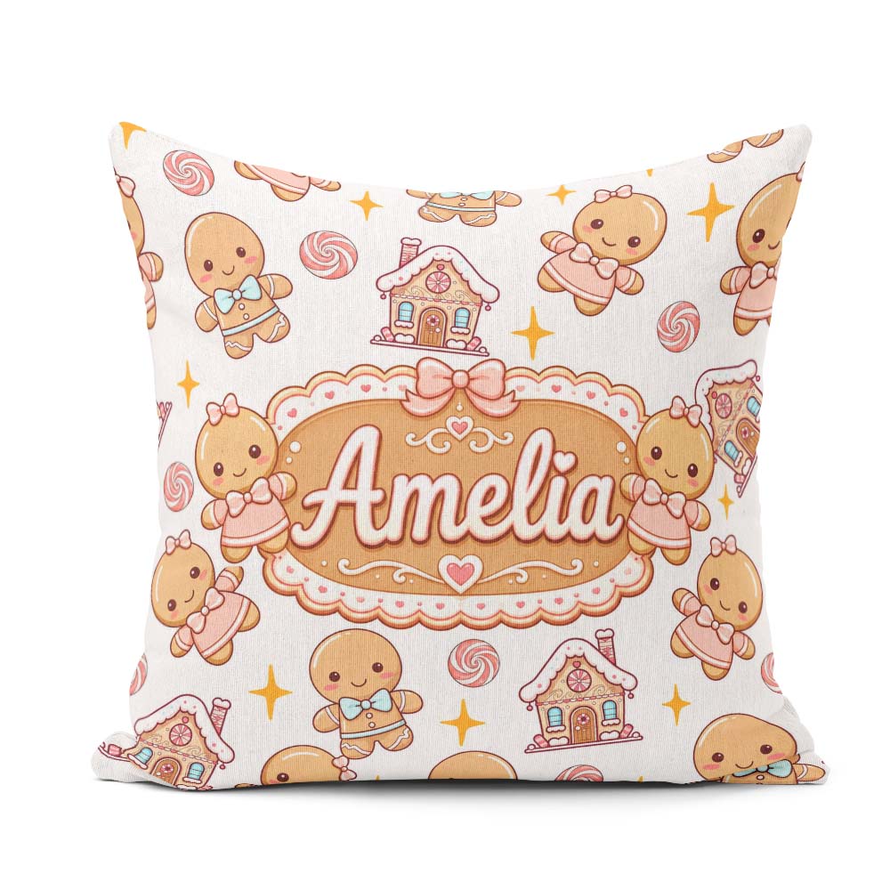Custom Name Cute Gingerbread Candy House Sweets White Background Square Filled Cushion Throw Pillow Sofa Bed Home Decor Zip Washable UK Made