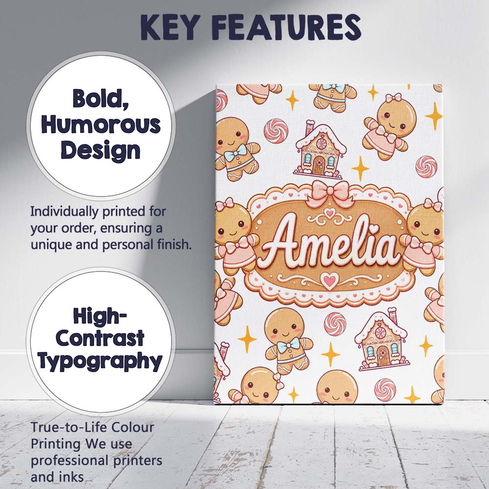 Personalised Name Cute Gingerbread Cookies Custom Unique Gift Idea Elegant Feature Canvas Wall Art Print Decor Picture Ready to Hang