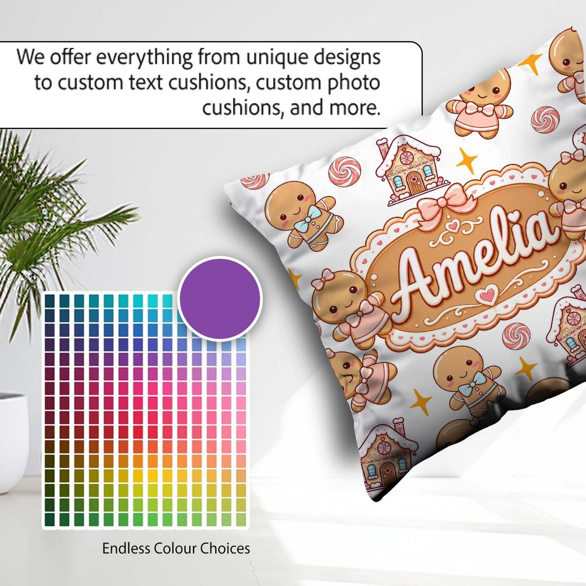 Custom Name Cute Gingerbread Candy House Sweets White Background Square Filled Cushion Throw Pillow Sofa Bed Home Decor Zip Washable UK Made