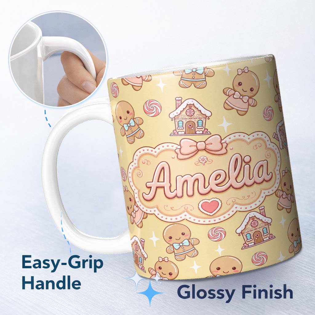 Personalized Custom Name Gingerbread Cookies Candy House Sweets Yellow Background Seamless 11oz Ceramic Coffee Tea Mug White Large Handle