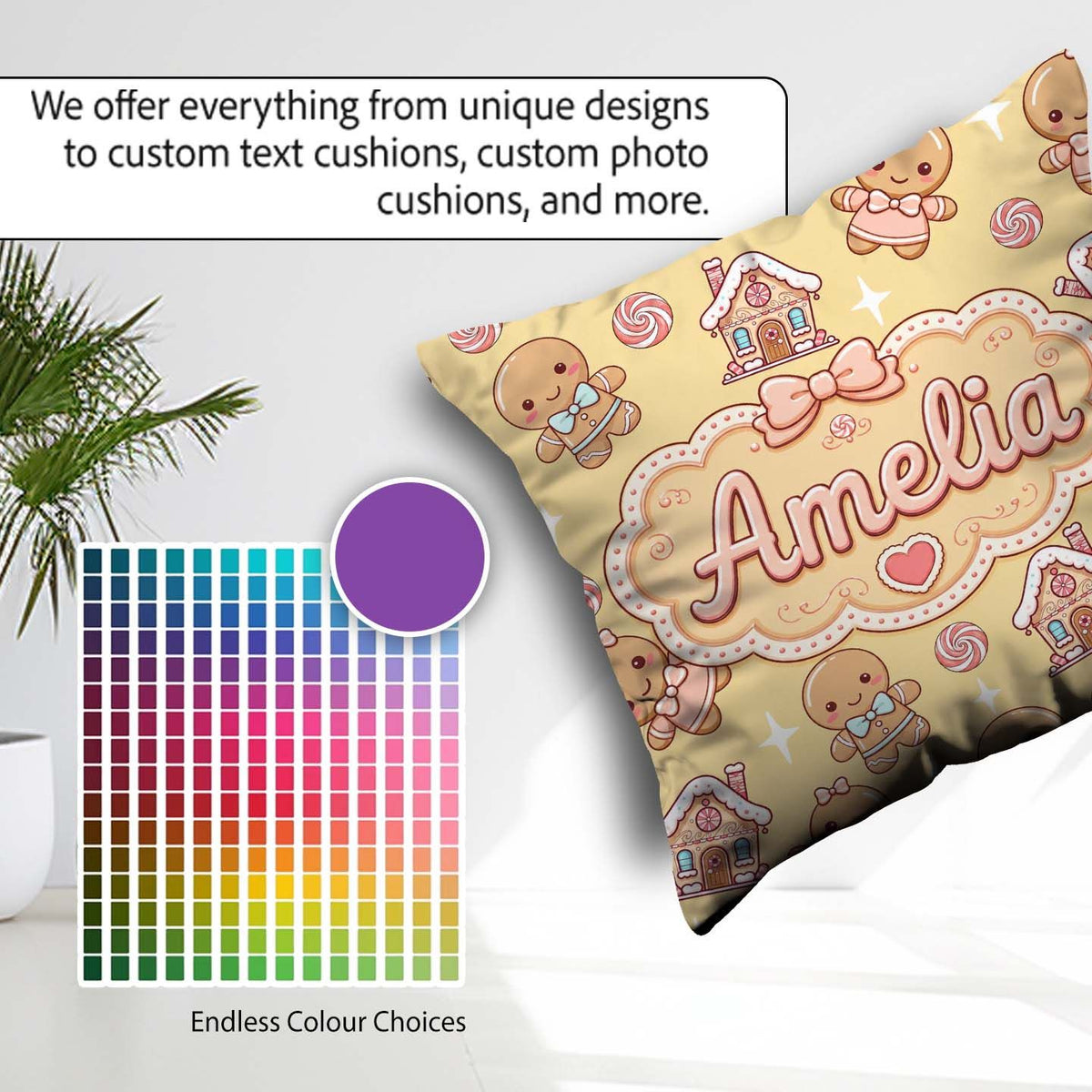 Custom Name Gingerbread Cookies Candy Sweets Background Seamless Square Filled Cushion Throw Pillow Sofa Bed Home Decor Zip Washable UK Made