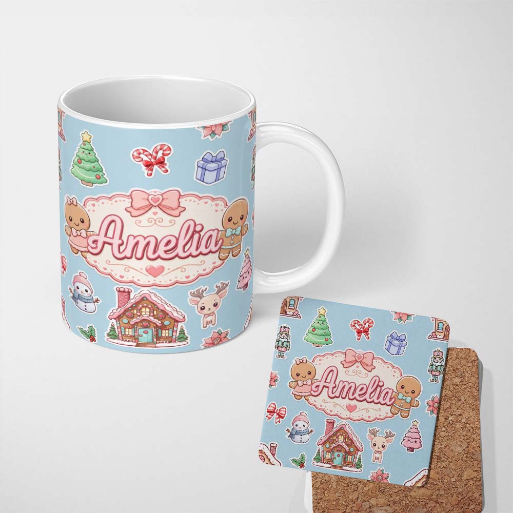 Personalized Custom Name Christmas Gingerbread House Snowman Deer Seamless Pattern Blue 11oz Ceramic Coffee Tea Mug White Large Handle