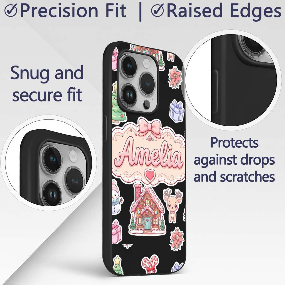 Christmas Gingerbread House Snowman Deer Seamless Custom Name Protective Phone Case Mobile Cover Durable Everyday Smartphone Shock Resistant