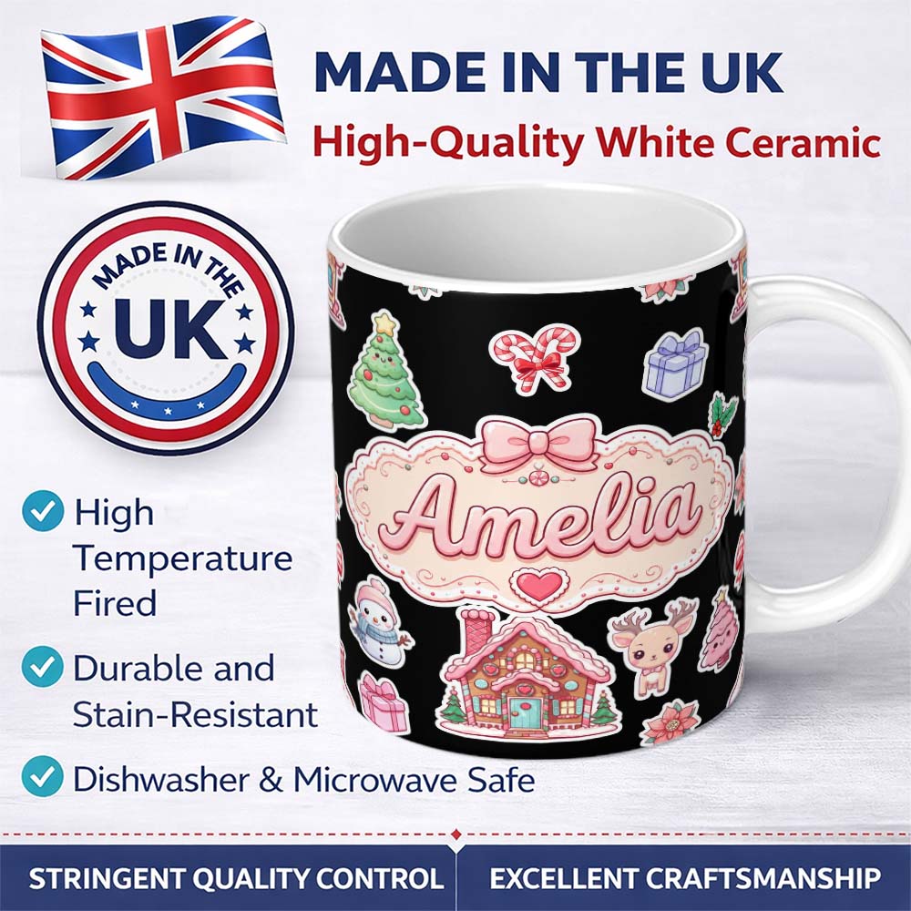 Personalized Custom Name Christmas Gingerbread House Snowman Deer Seamless Pattern Black 11oz Ceramic Coffee Tea Mug White Large Handle