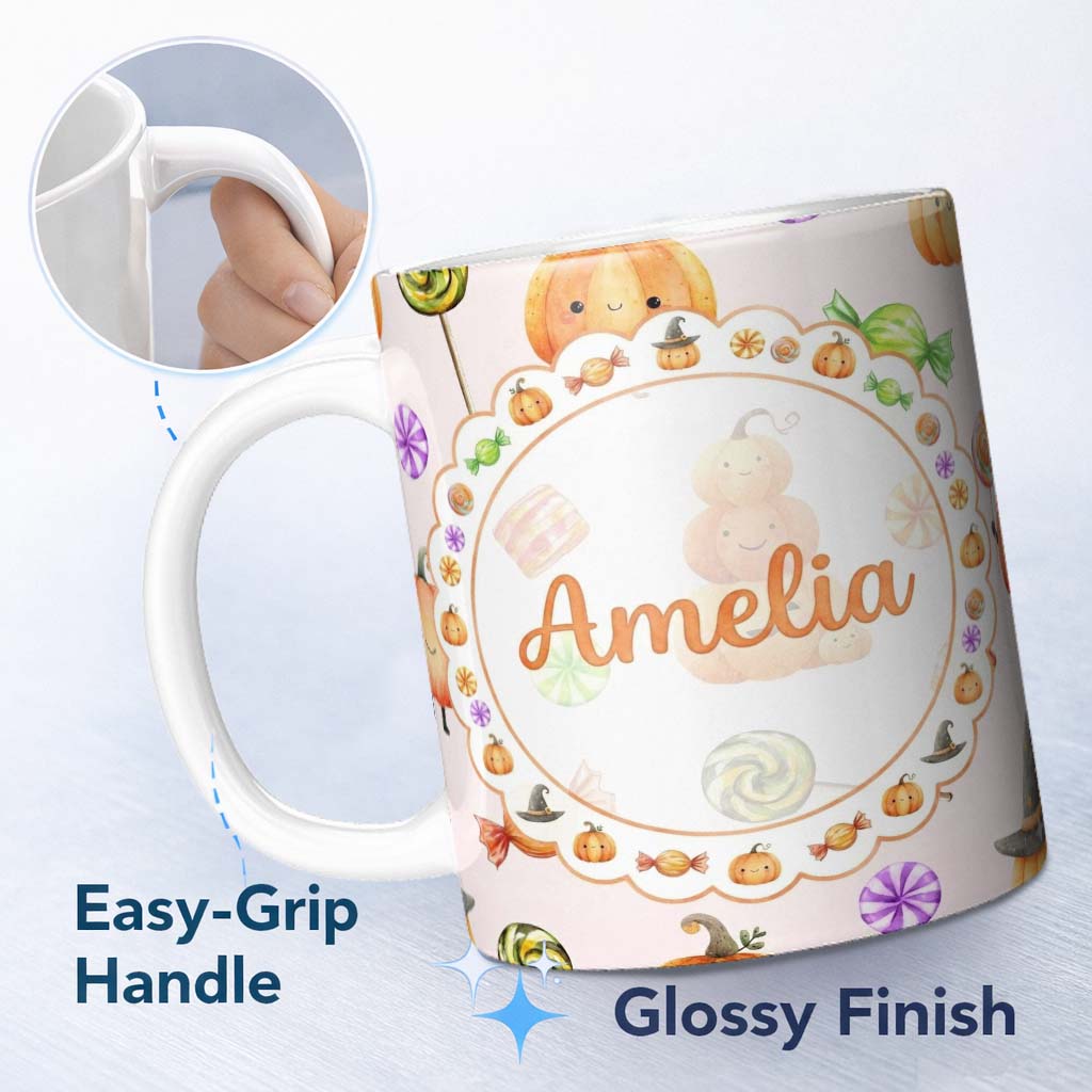 Personalized Custom Name Cute Watercolor Pumpkins and Candy Sweets on Neutral Beige Lovely 11oz Ceramic Coffee Tea Mug White Large Handle