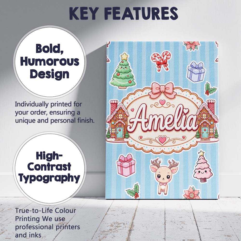 Personalised Name Christmas Gingerbread Custom Modern Room Accent Elegant Feature Canvas Wall Art Print Decor Picture Ready to Hang