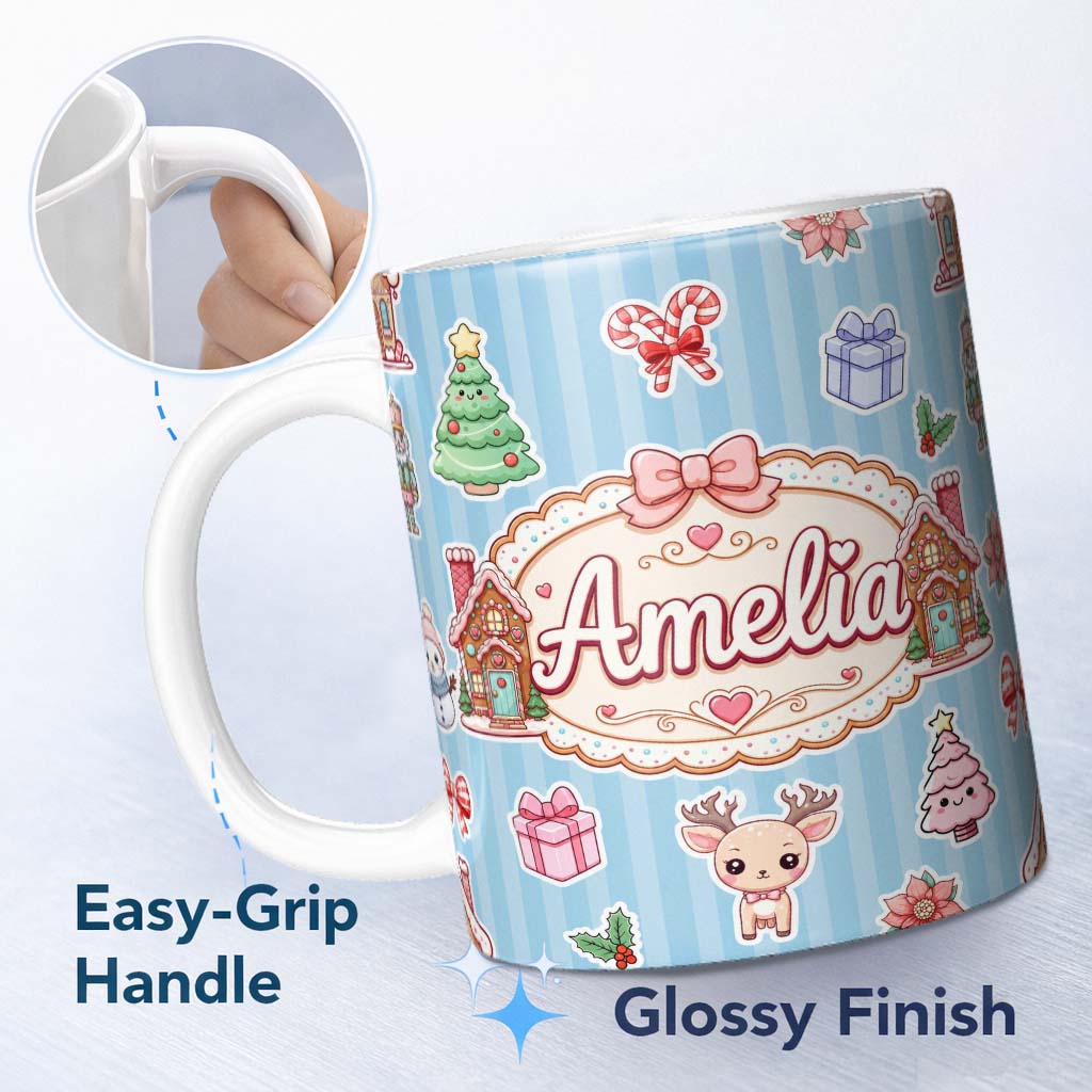 Personalized Custom Name Christmas Gingerbread House Snowman Deer Seamless Pattern Blue 11oz Ceramic Coffee Tea Mug White Large Handle