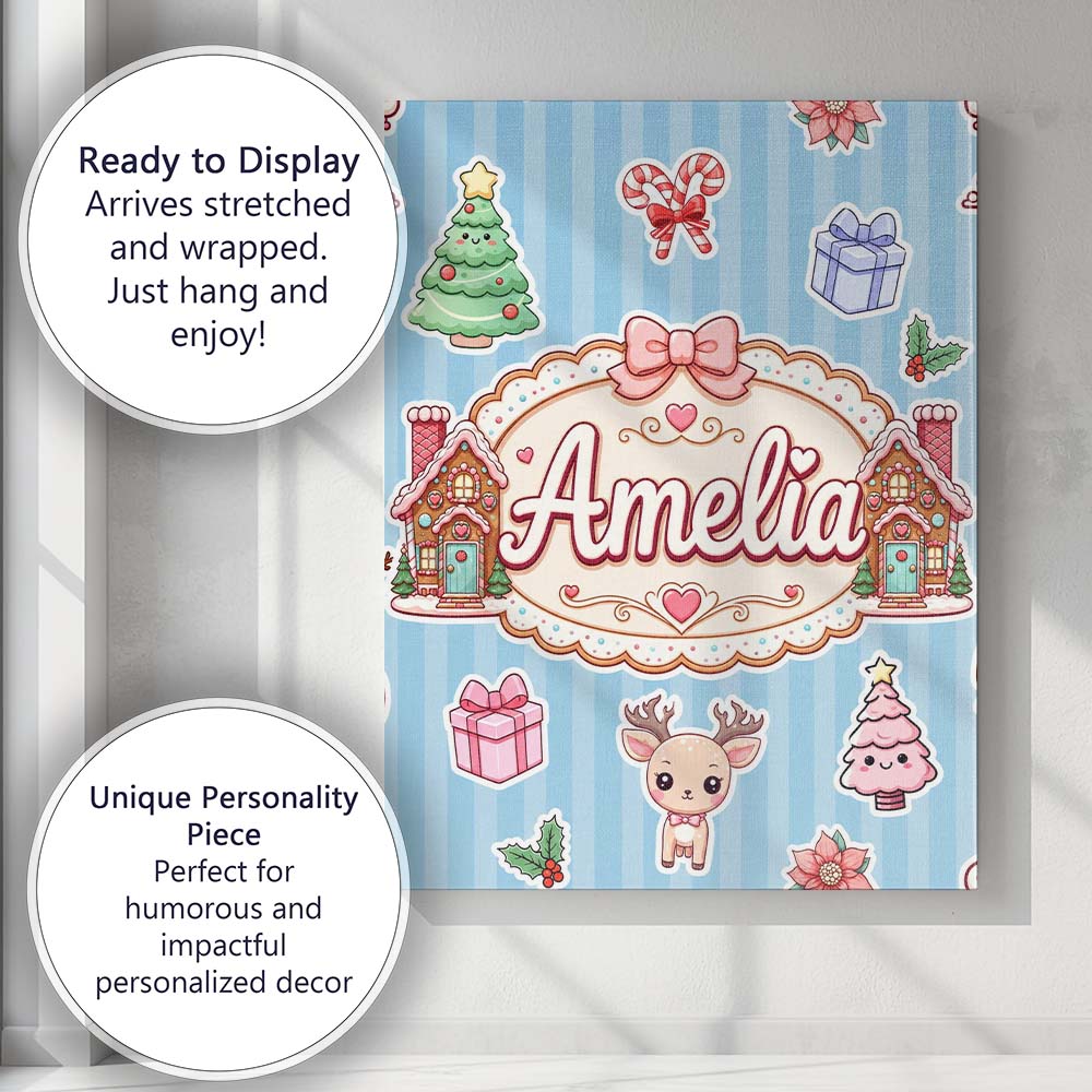 Personalised Name Christmas Gingerbread Custom Modern Room Accent Elegant Feature Canvas Wall Art Print Decor Picture Ready to Hang