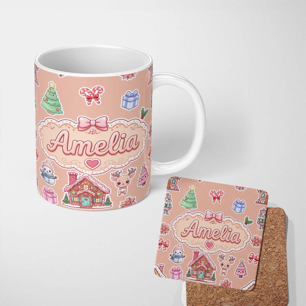 Personalized Custom Name Christmas Gingerbread House Snowman Candy Seamless Pattern Peach 11oz Ceramic Coffee Tea Mug White Large Handle