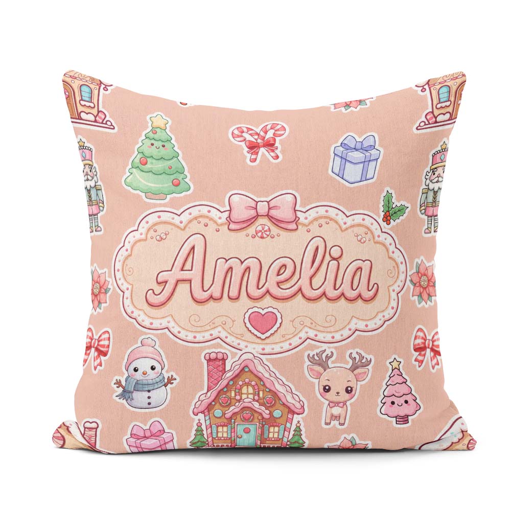 Custom Name Christmas House Snowman Candy Seamless Pattern Peach Square Filled Cushion Throw Pillow Sofa Bed Home Decor Zip Washable UK Made