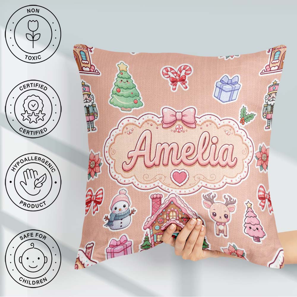 Custom Name Christmas House Snowman Candy Seamless Pattern Peach Square Filled Cushion Throw Pillow Sofa Bed Home Decor Zip Washable UK Made
