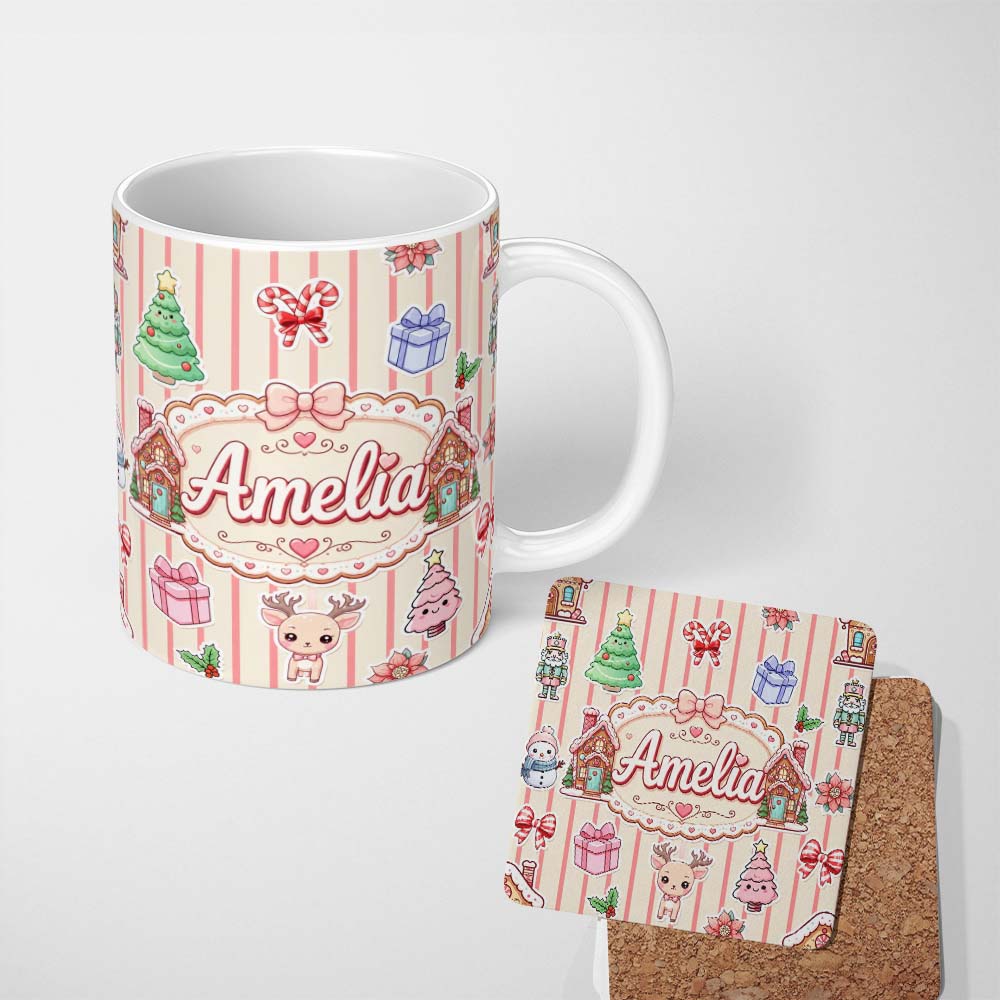 Personalized Custom Name Christmas Gingerbread House Snowman Seamless Pattern Beige Stripe 11oz Ceramic Coffee Tea Mug White Large Handle