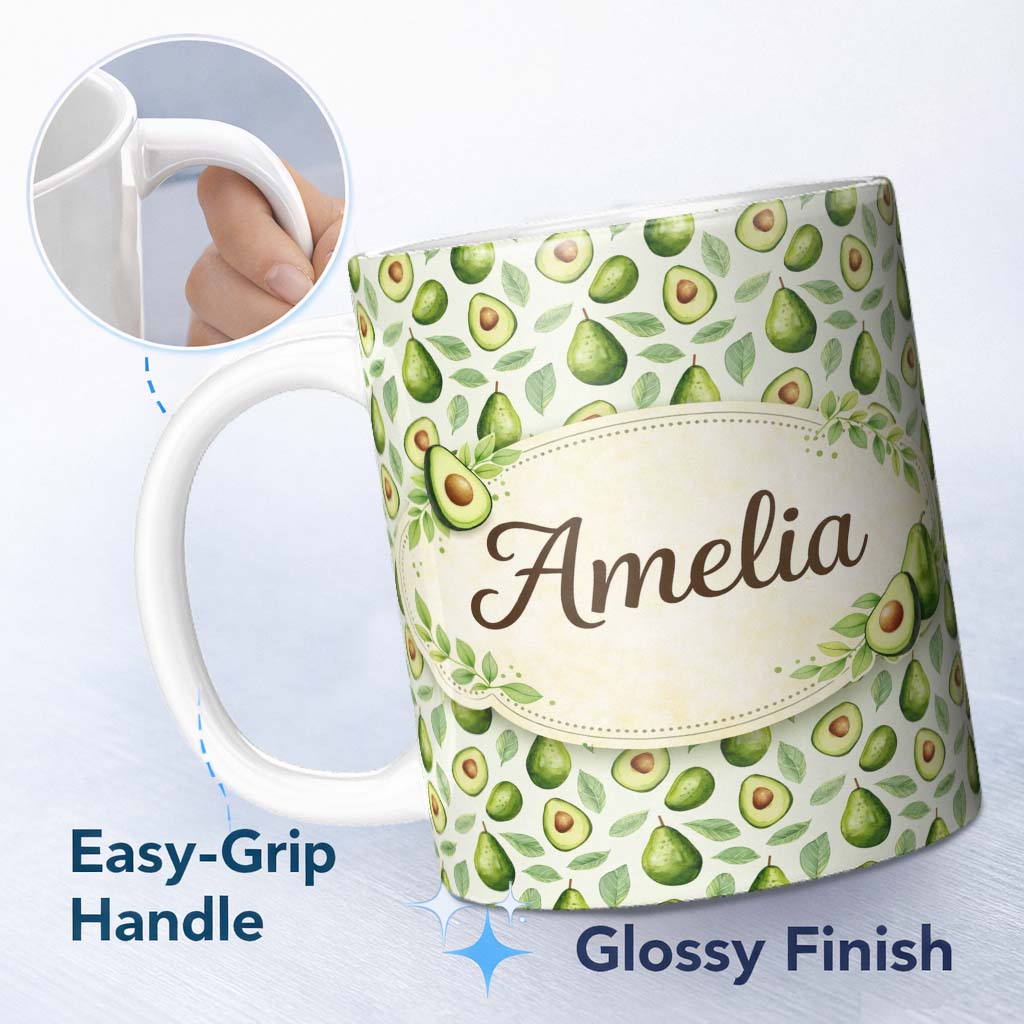 Personalized Custom Name Avocado Pear Leaf Seamless Clean White Background Botanical Fruit 11oz Ceramic Coffee Tea Mug White Large Handle