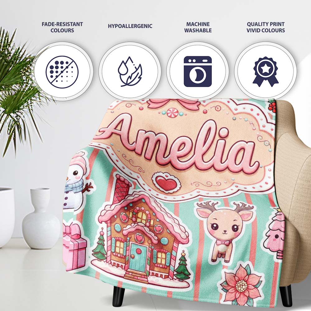 Christmas Gingerbread House Snowman Seamless Pattern Mint Stripe Personalised Custom Name Super Soft Fleece Blanket Bed Sofa Throw