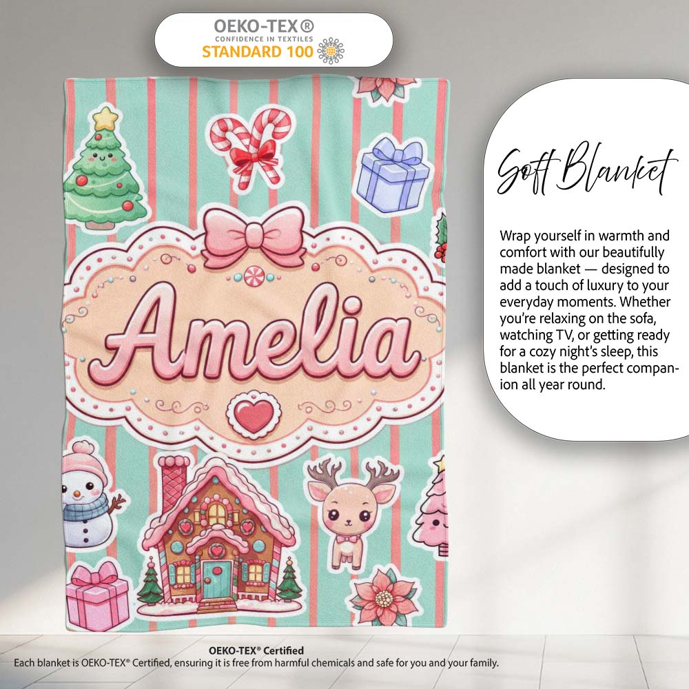 Christmas Gingerbread House Snowman Seamless Pattern Mint Stripe Personalised Custom Name Super Soft Fleece Blanket Bed Sofa Throw