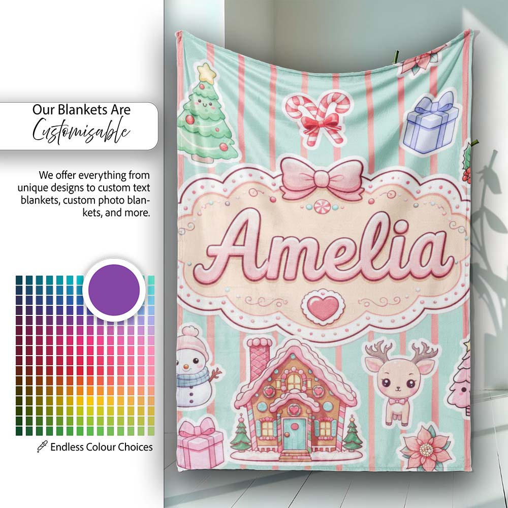 Christmas Gingerbread House Snowman Seamless Pattern Mint Stripe Personalised Custom Name Super Soft Fleece Blanket Bed Sofa Throw