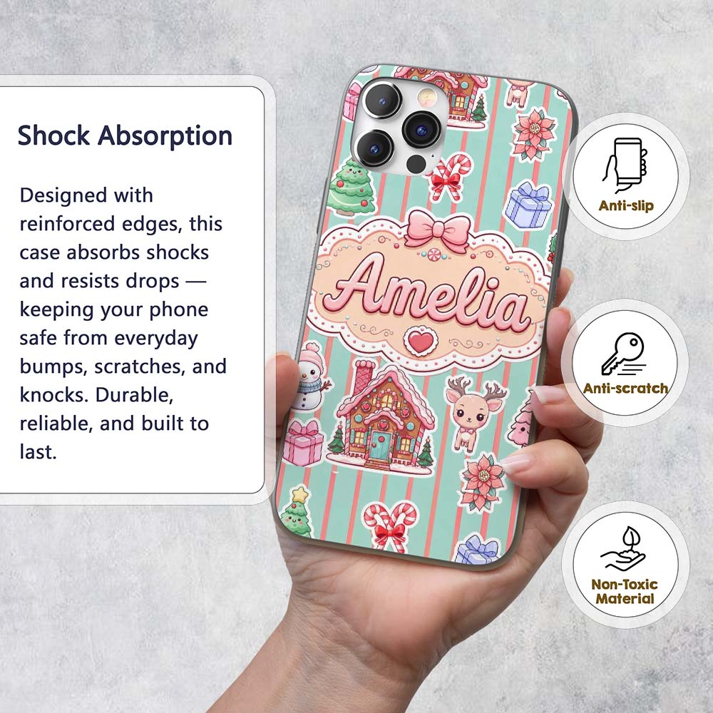 Christmas Gingerbread House Snowman Seamless Custom Name Protective Phone Case Mobile Cover Durable Everyday Smartphone Shock Resistant