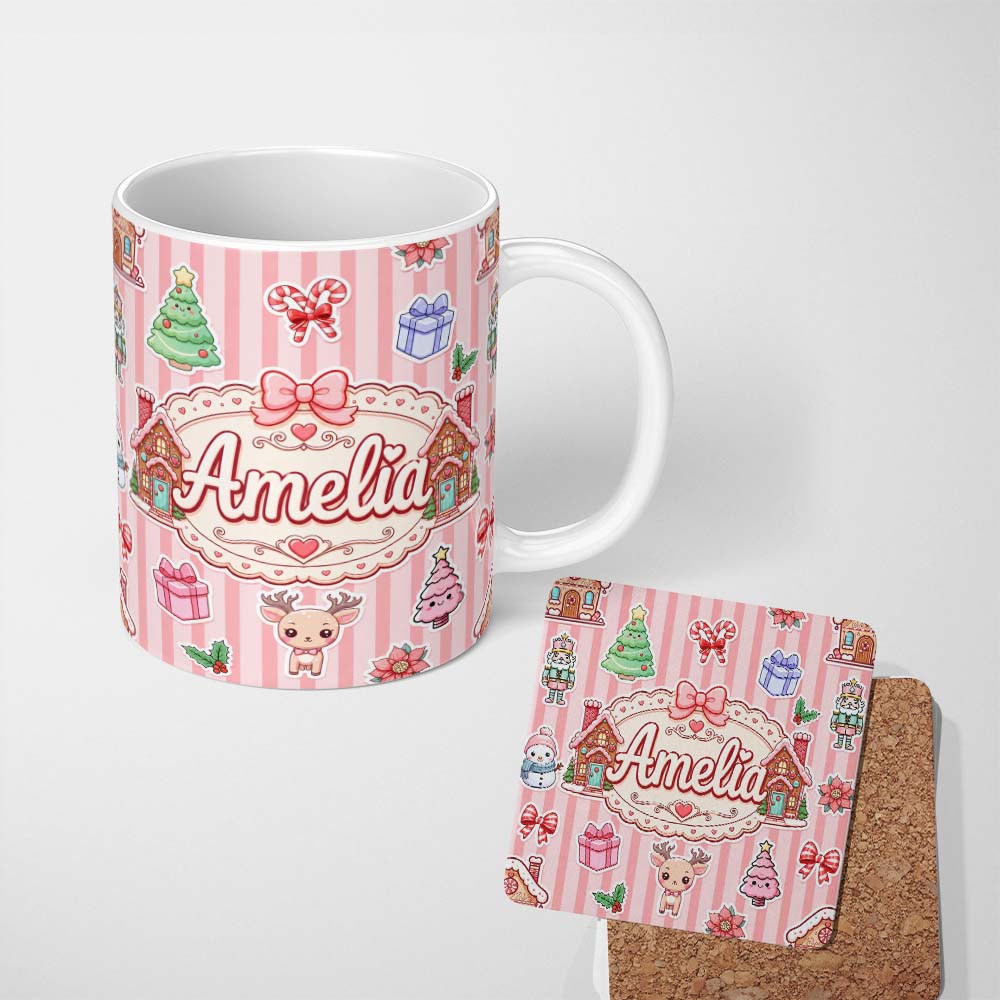 Personalized Custom Name Christmas Gingerbread House Snowman Seamless Pattern Pink Stripe 11oz Ceramic Coffee Tea Mug White Large Handle