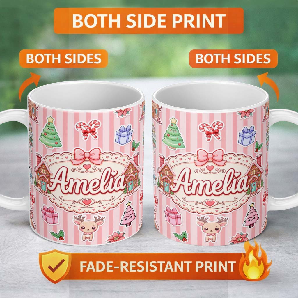 Personalized Custom Name Christmas Gingerbread House Snowman Seamless Pattern Pink Stripe 11oz Ceramic Coffee Tea Mug White Large Handle