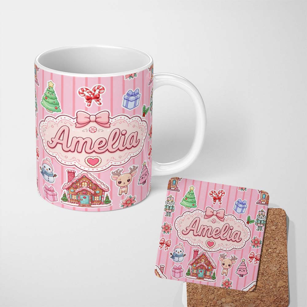 Personalized Custom Name Christmas Gingerbread House Snowman Seamless Pattern Rose Stripe 11oz Ceramic Coffee Tea Mug White Large Handle
