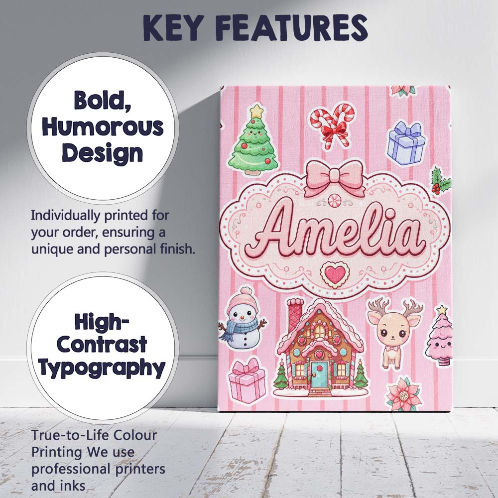 Personalised Name Christmas Gingerbread Custom Modern Room Accent Elegant Feature Canvas Wall Art Print Decor Picture Ready to Hang