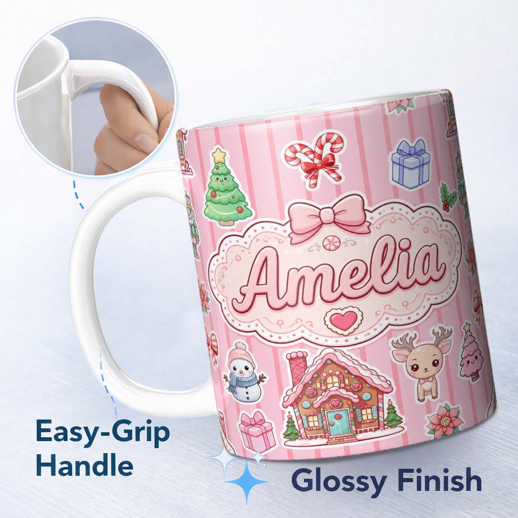 Personalized Custom Name Christmas Gingerbread House Snowman Seamless Pattern Rose Stripe 11oz Ceramic Coffee Tea Mug White Large Handle