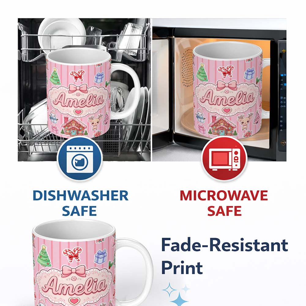 Personalized Custom Name Christmas Gingerbread House Snowman Seamless Pattern Rose Stripe 11oz Ceramic Coffee Tea Mug White Large Handle