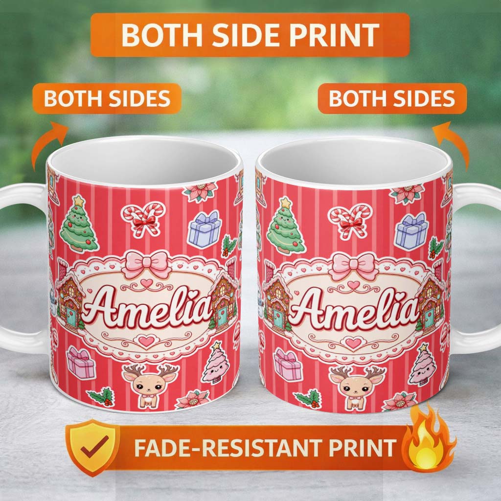 Personalized Custom Name Christmas Gingerbread House Snowman Seamless Pattern Red Stripe 11oz Ceramic Coffee Tea Mug White Large Handle