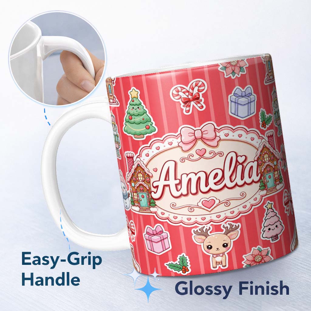 Personalized Custom Name Christmas Gingerbread House Snowman Seamless Pattern Red Stripe 11oz Ceramic Coffee Tea Mug White Large Handle