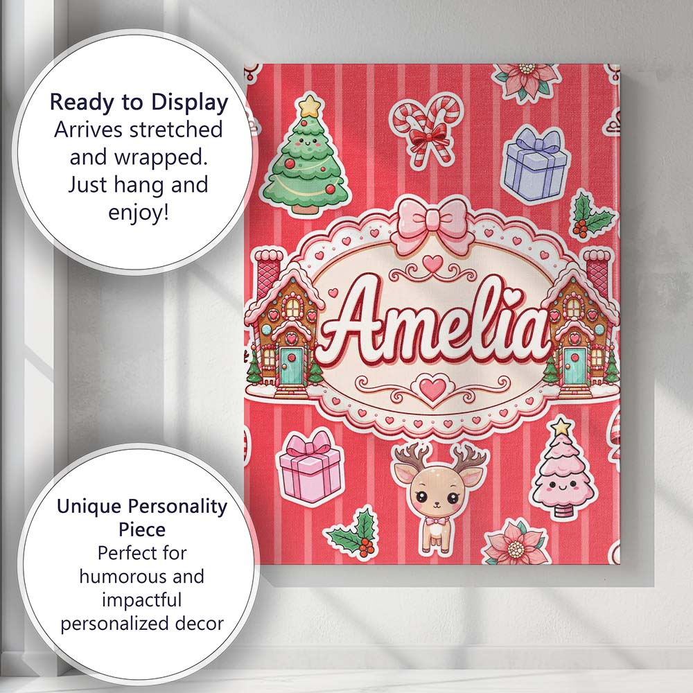 Personalised Name Christmas Gingerbread Custom Modern Room Accent Elegant Feature Canvas Wall Art Print Decor Picture Ready to Hang