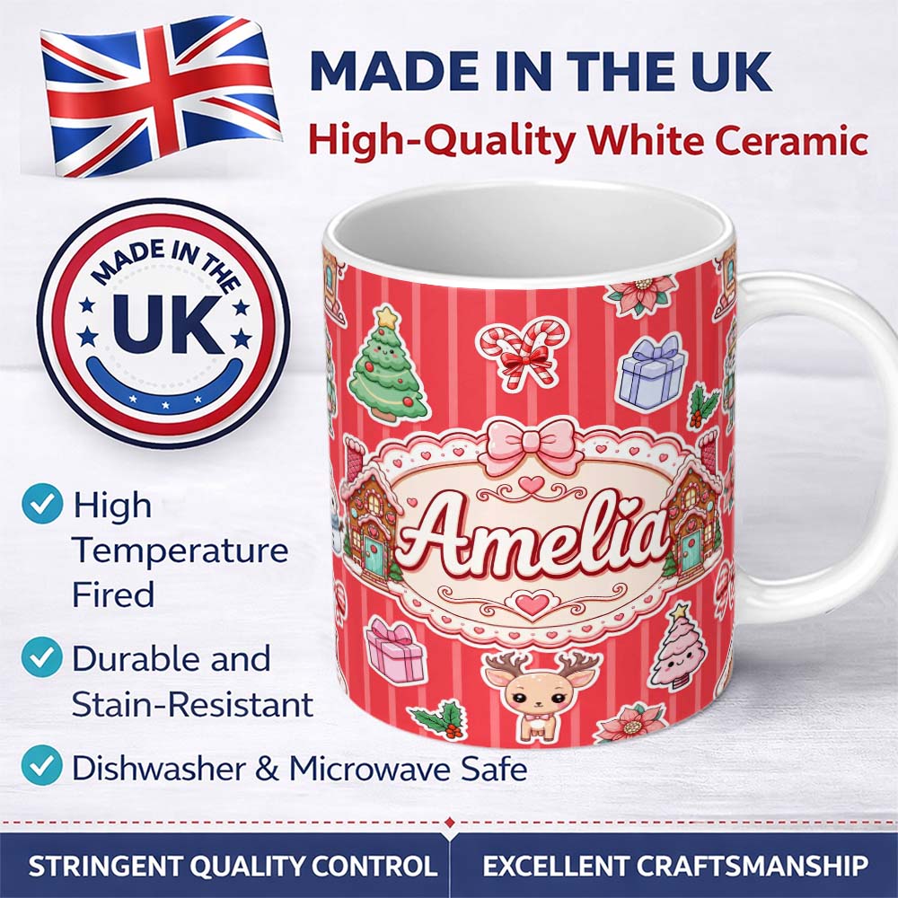 Personalized Custom Name Christmas Gingerbread House Snowman Seamless Pattern Red Stripe 11oz Ceramic Coffee Tea Mug White Large Handle