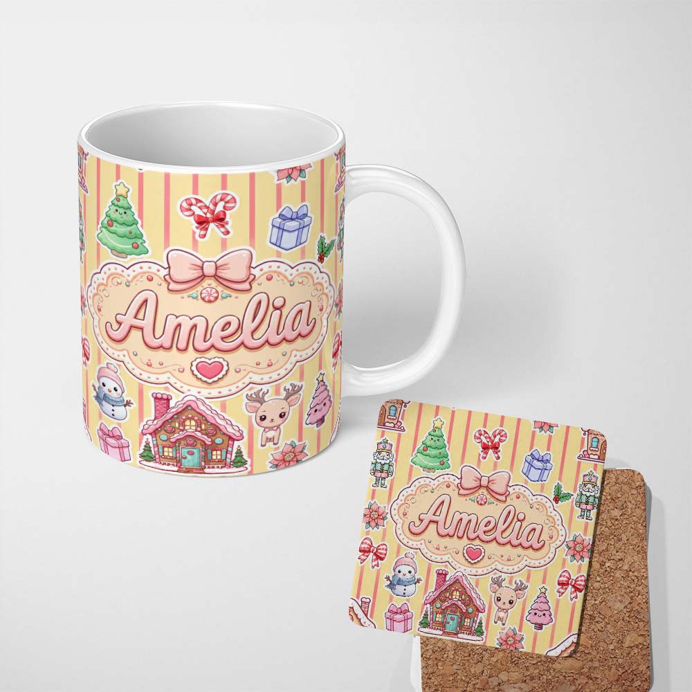 Personalized Custom Name Christmas Gingerbread House Snowman Seamless Pattern Yellow Stripe 11oz Ceramic Coffee Tea Mug White Large Handle