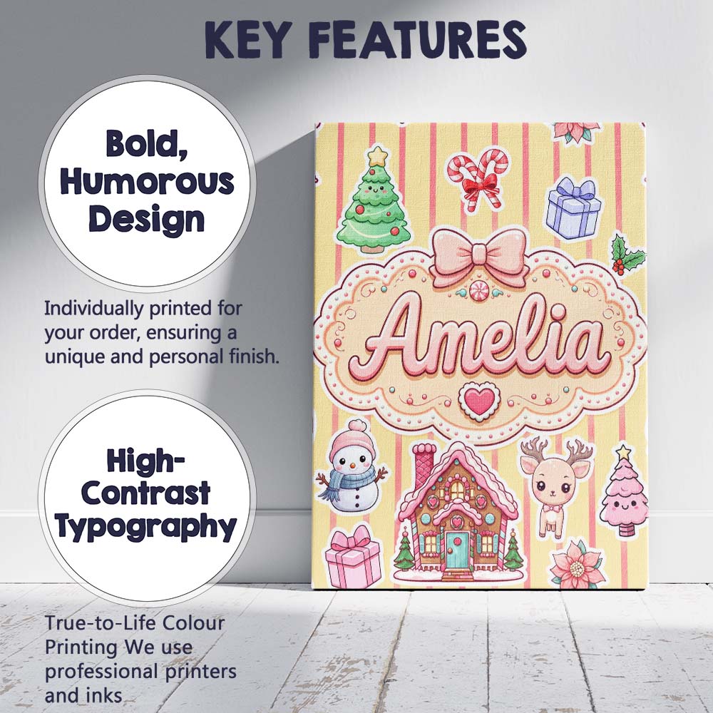 Personalised Name Christmas Gingerbread Custom Modern Room Accent Elegant Feature Canvas Wall Art Print Decor Picture Ready to Hang