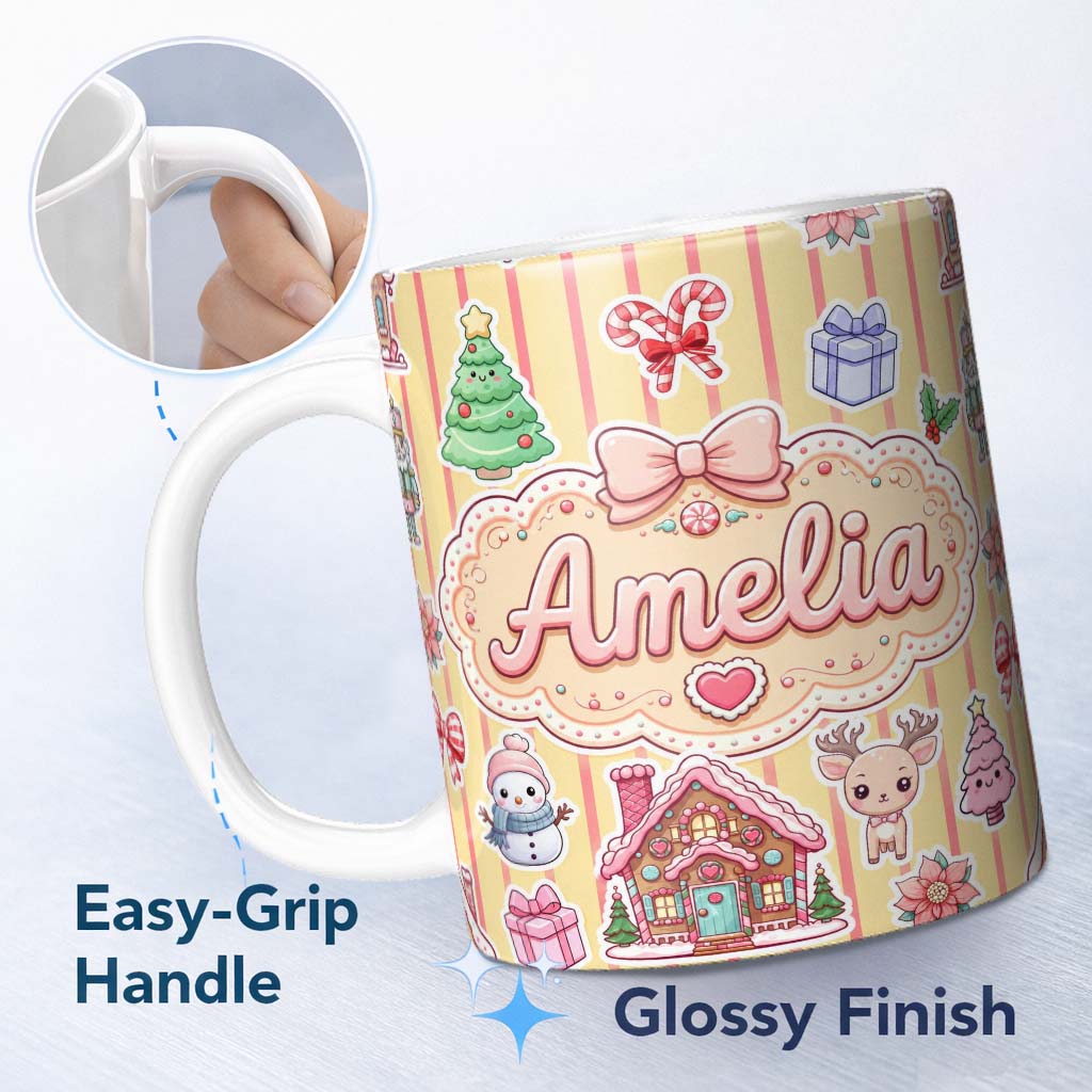 Personalized Custom Name Christmas Gingerbread House Snowman Seamless Pattern Yellow Stripe 11oz Ceramic Coffee Tea Mug White Large Handle