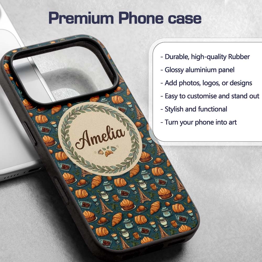 French Bakery Theme Croissant Eiffel Tower Coffee Custom Name Protective Phone Case Mobile Cover Durable Everyday Smartphone Shock Resistant
