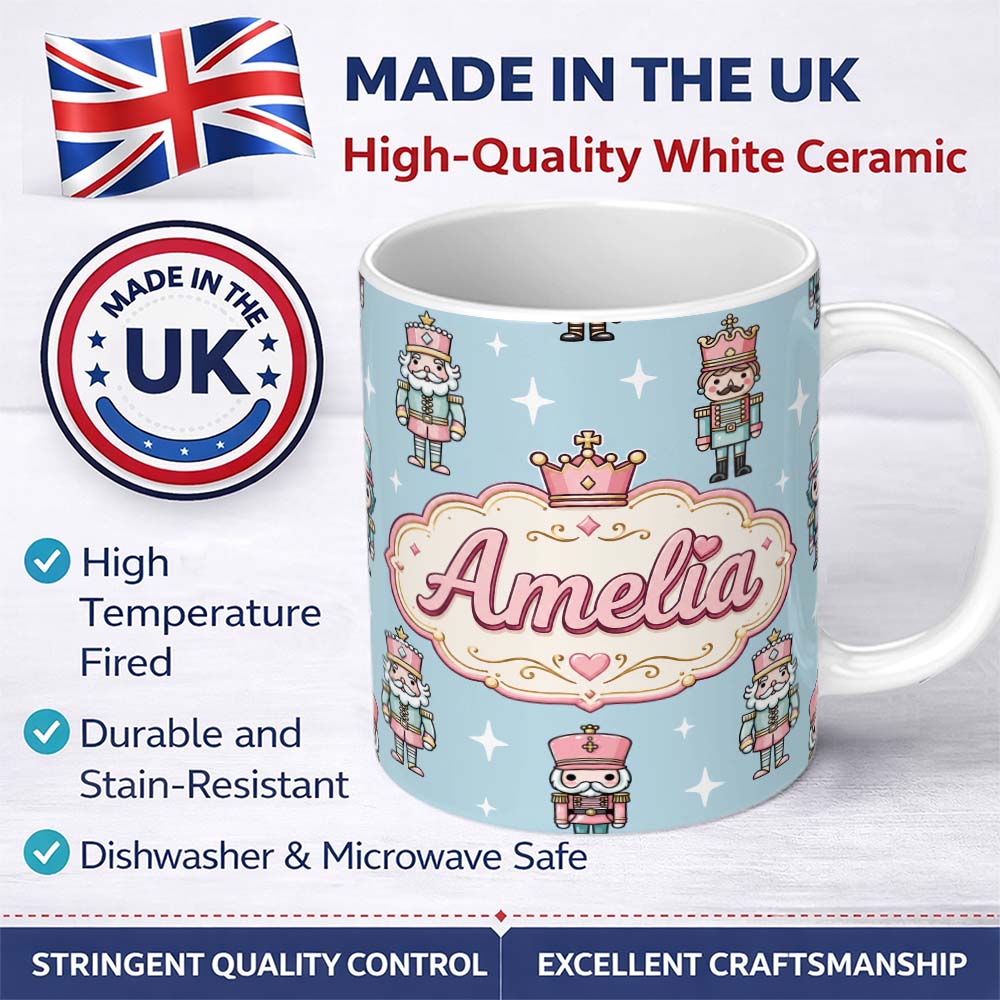 Personalized Custom Name Nutcracker Soldiers Pastel Christmas Seamless Pattern Blue 11oz Ceramic Coffee Tea Mug White Large Handle