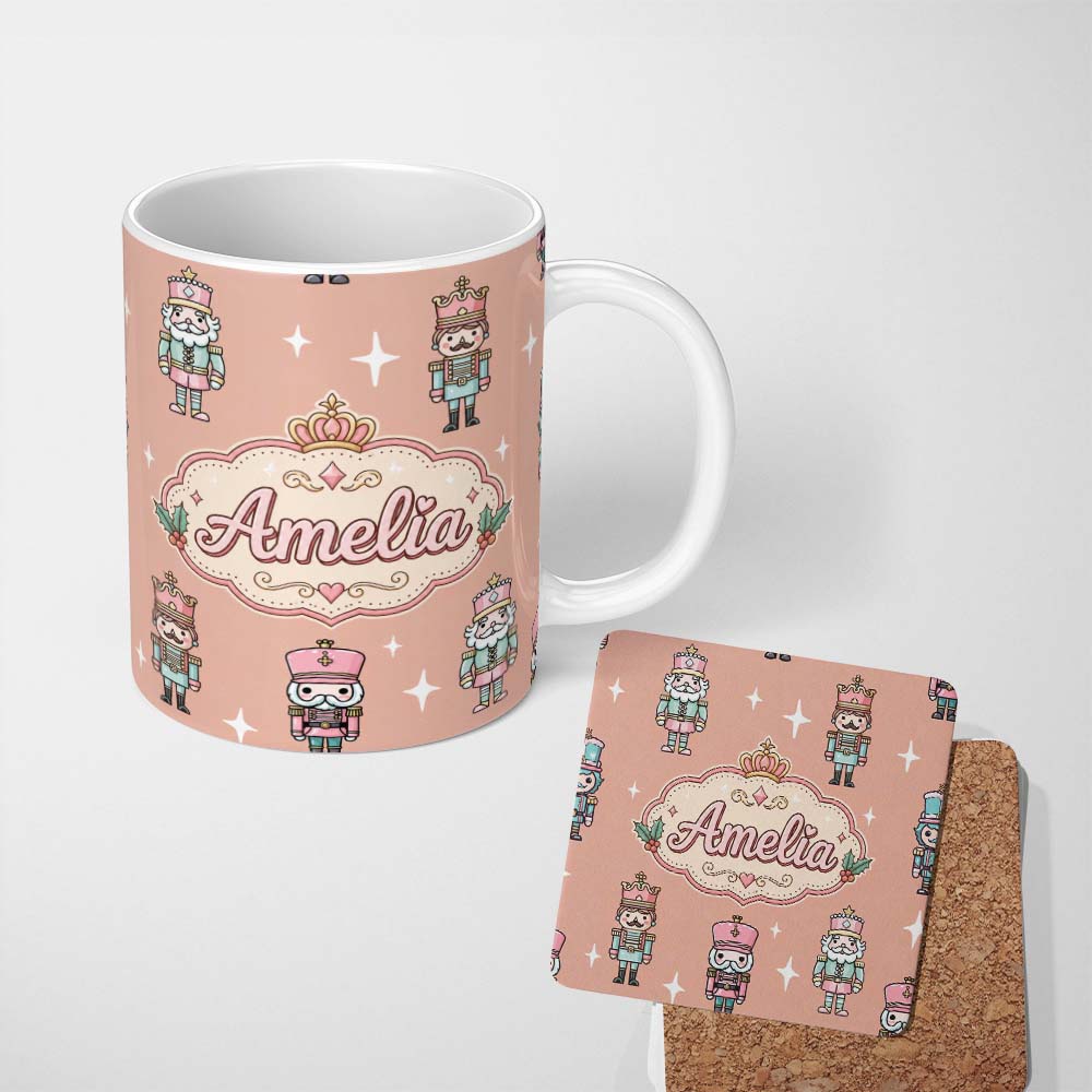 Personalized Custom Name Nutcracker Soldiers Pastel Christmas Seamless Pattern Peach 11oz Ceramic Coffee Tea Mug White Large Handle